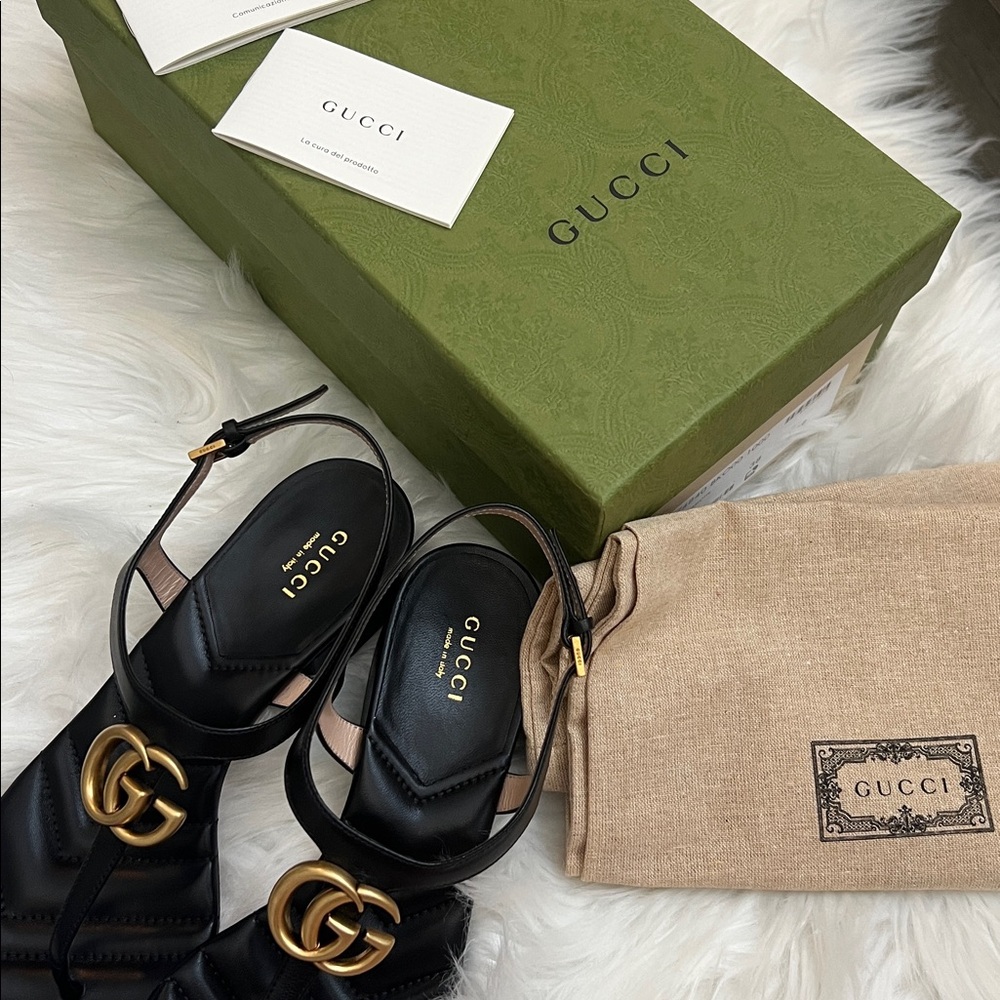 New Gucci GG marmont Double G black leather sandals - Picture 9 of 10